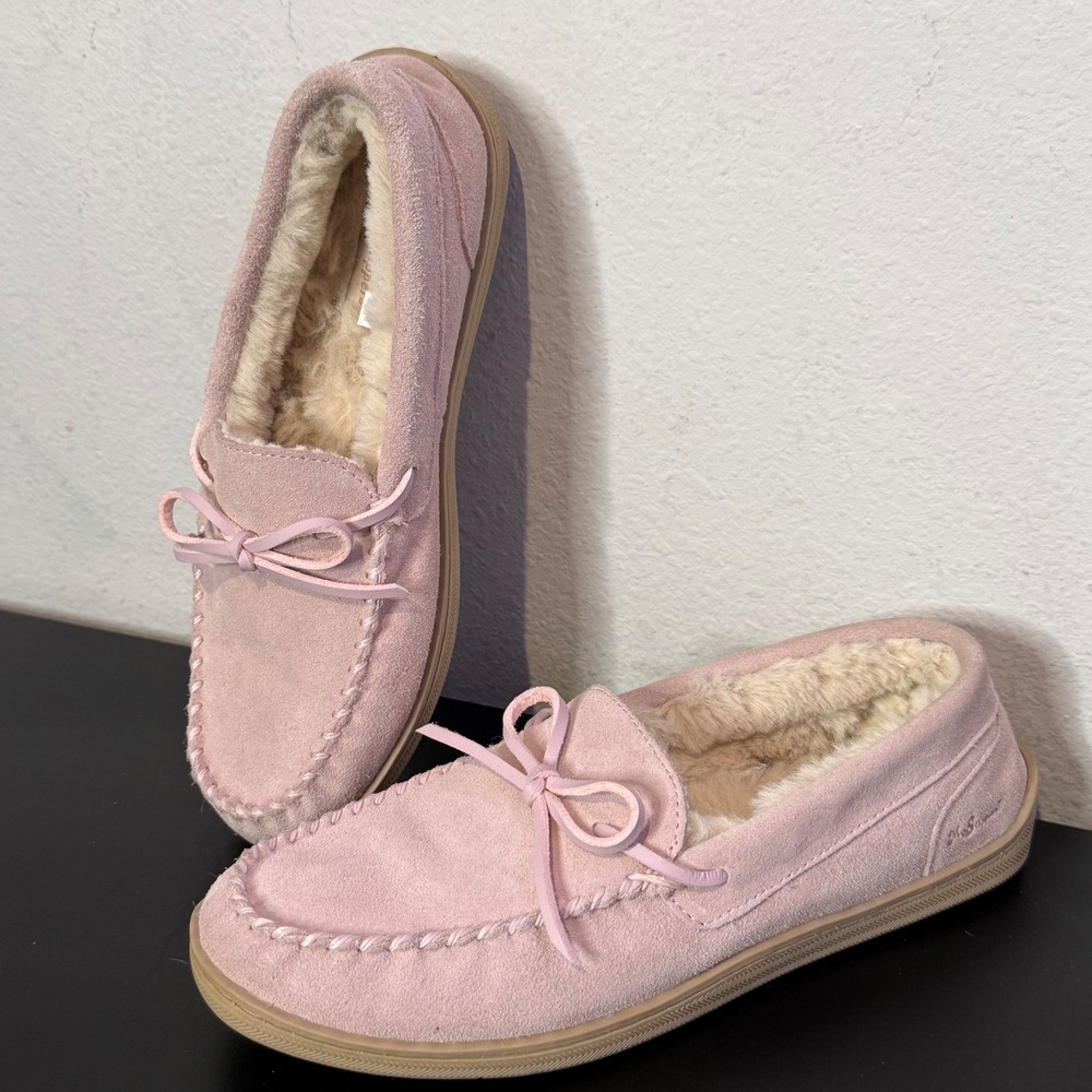 MyPillow Bow Pink Pastel Suede Leather Moccasin House Slippers Womens 9 Cozy